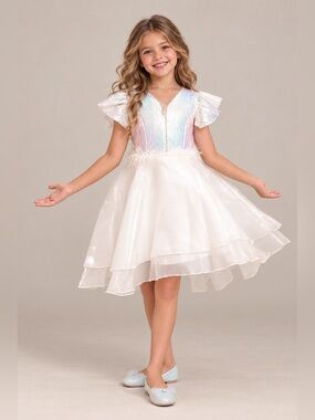 Mini Celebs Girls Iridescent Sequin Party Dress Size 28 US 7/8 Feather White NWT